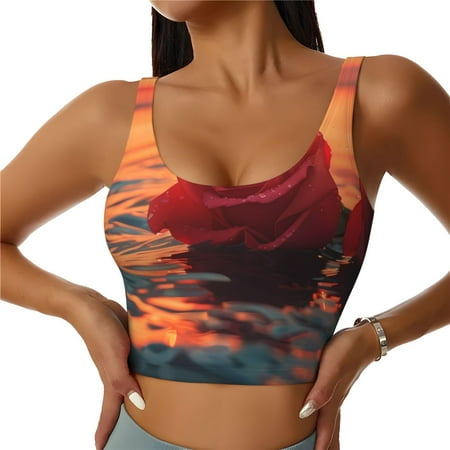 Adobk Romantic Roses Sunset Ocean Print Sports Bras for Women Longline Workout Crop Tank Tops Padded with Built in Shelf Padded Sports Bra-X-Large