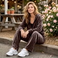 thumbnail image 6 of Szluipve Women Velvet 2 Piece Tracksuit Zip Up Hooded Long Sleeve Jacket High Waist Wide Leg Pants Casual Solid Loungewear Matching Set, 6 of 6