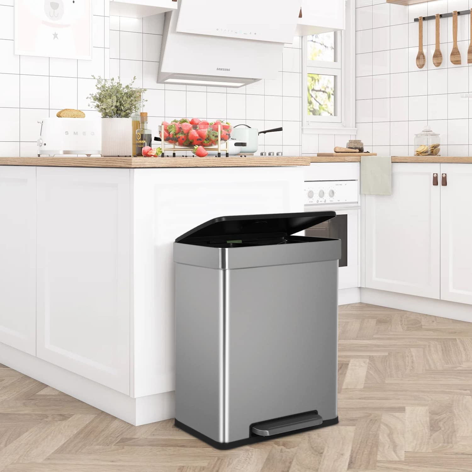 PayLessHere  60L Trash Can Soft-Close, Smude Resistant Trash Can with Foot Pedal-Brushed Stainless Steel