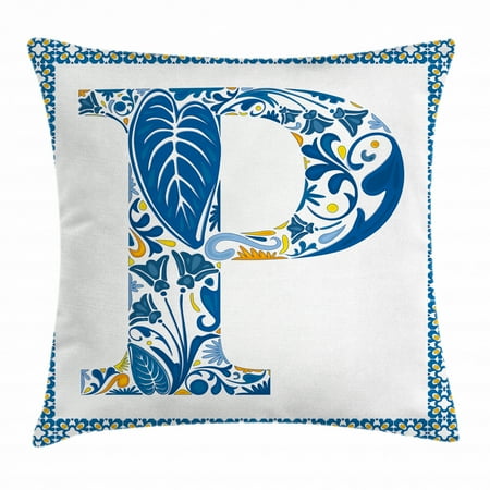 Letter P Throw Pillow Cushion Cover Floral Motifs Swirls Tropical