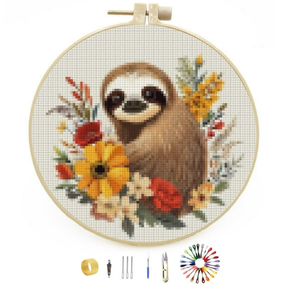 Cute Sloth in Flowers Easy Stamped Cross Stitch Kits for Beginners with Hoop Simple Patterns 11CT Counted Embroidery Needlepoint Crafts Arts for DIY Enthusiasts and Home Decor 30x30cm(2)
