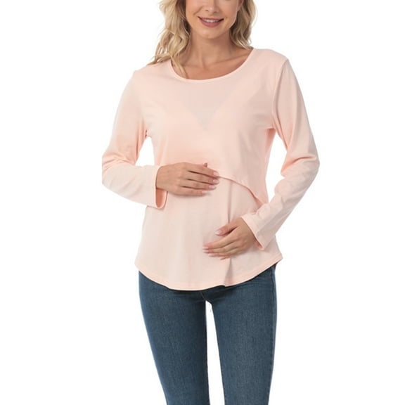 Dxzfnsa Breastfeeding Shirts for Women Fashion Solid Color Maternity Blouses Loose Round Neck Long Sleeve Pregnant Tops Fall Women Comfy Breastfeeding Clothes 2025