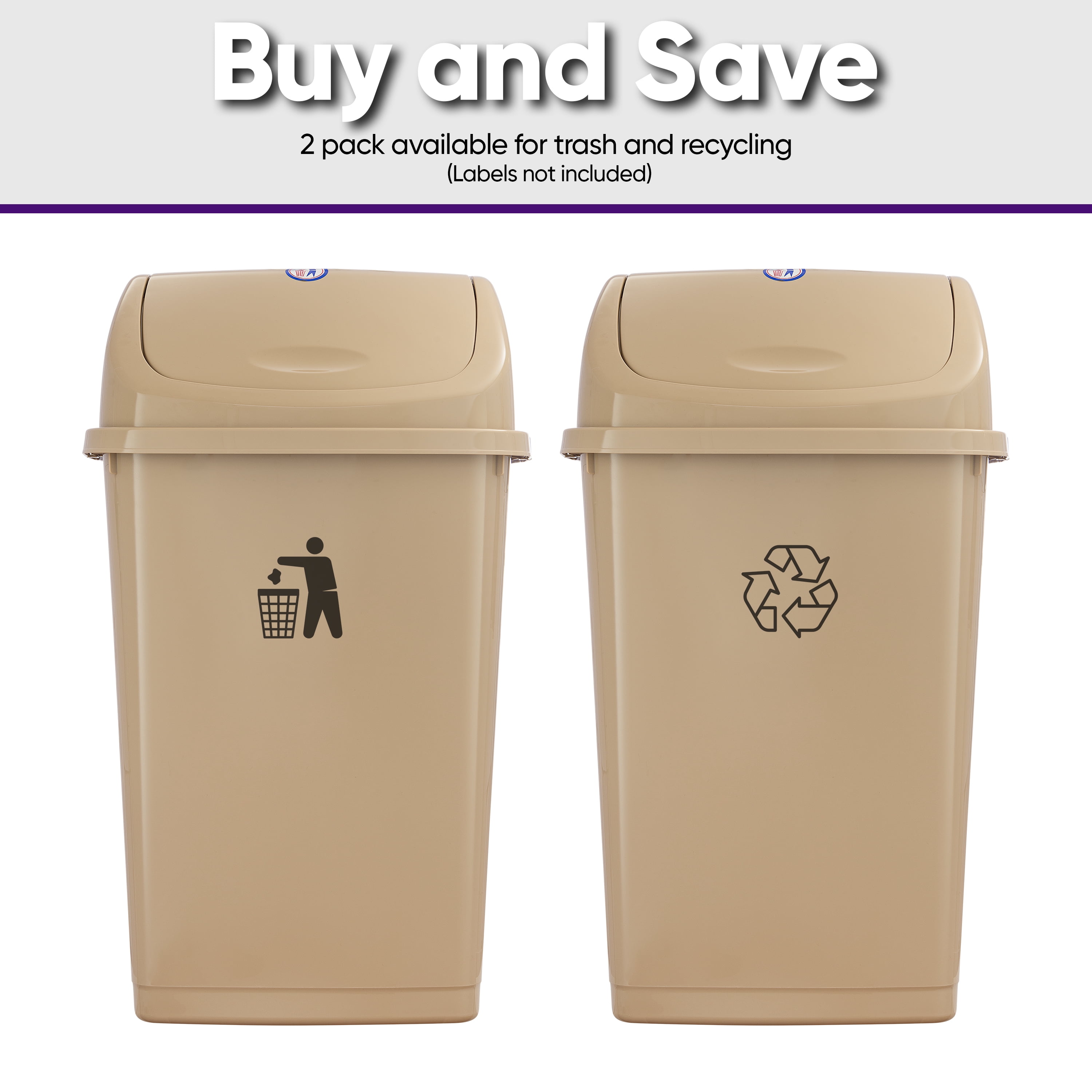 Superio Large Kitchen Trash Can 13 Gallon Beige 2 Pack Swing Top Trash Can with Lid, 52 Qt Waste Bin for Kitchen, Garage, Indoor and Outdoor Trash Can