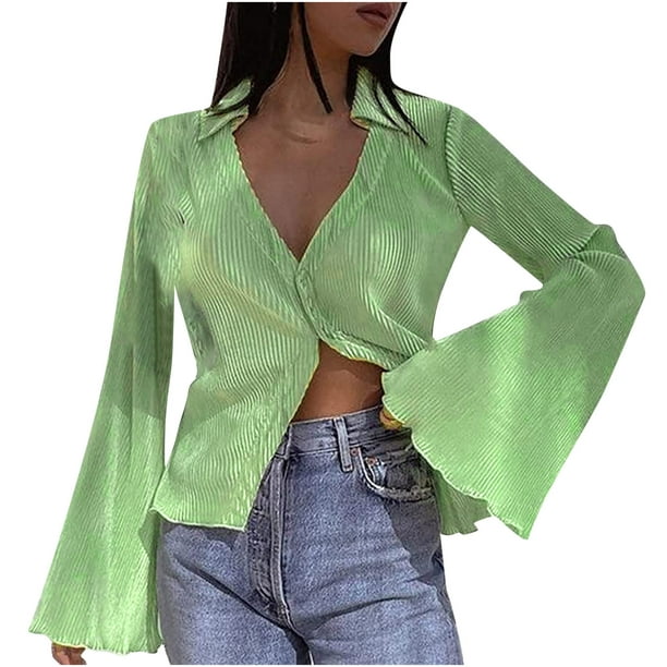 Women's Fashion Flared Long Sleeve Blouse Sexy Deep V Neck Button Down  Solid Shirt Tops