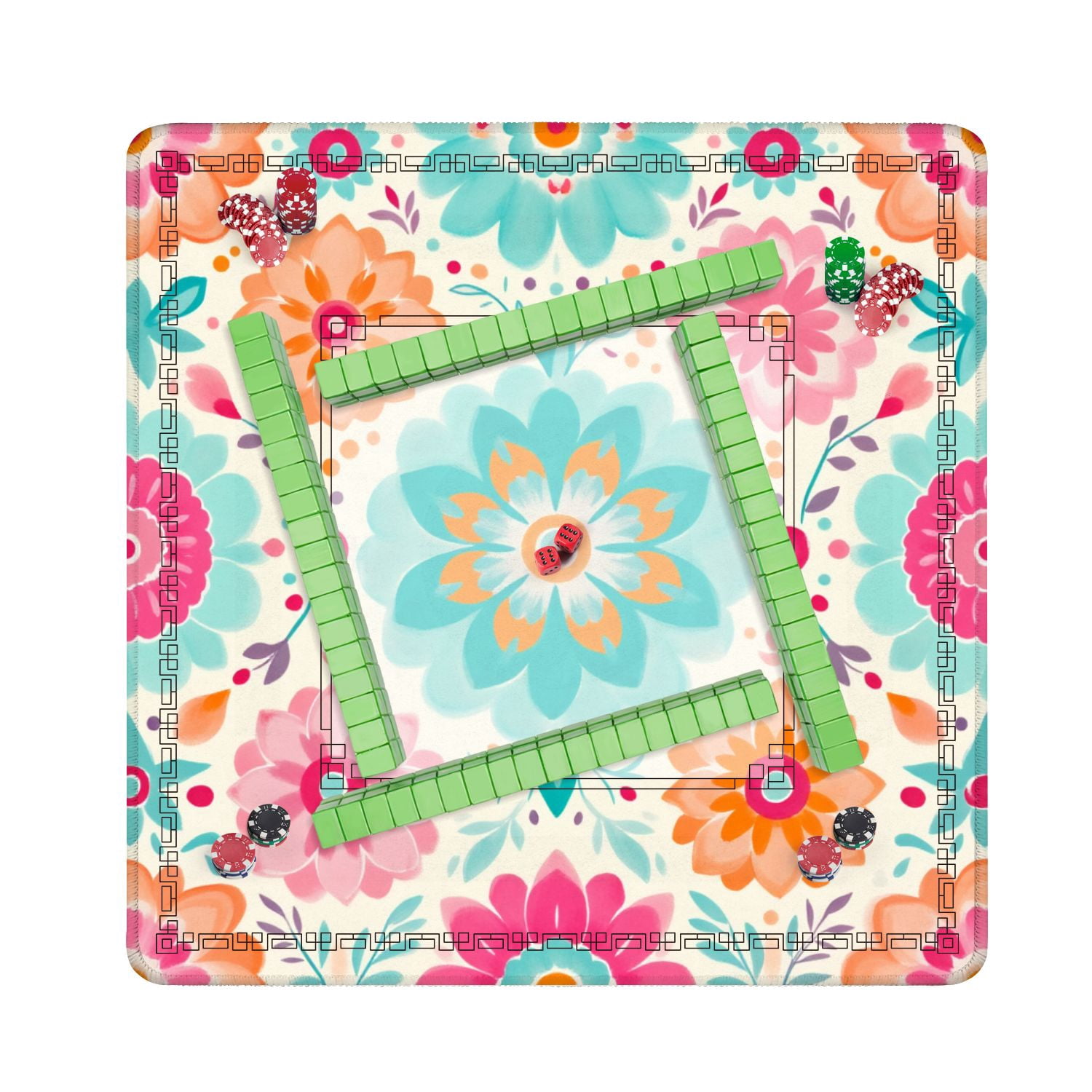 Mahjong Mat 31.5" x 31.5" Colorful Floral Retro Folk Art Design Non-Slip Noise Reduction American Mahjong Tiles Table Cover for Dominoes Poker Card Board Games Gift