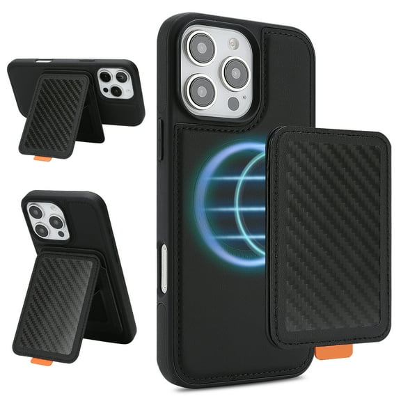 Premium PU Leather Wallet Case for iPhone 16 Pro Max, Detachable Magnetic Carbon Fiber RFID Blocking Card Holder, Adjustable Kickstand, 2-in-1 Protective Cover for iPhone 16 Pro Max, Black