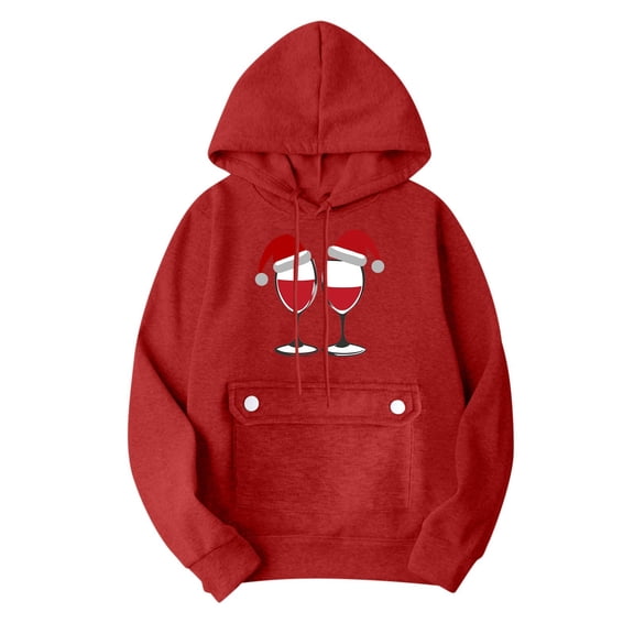 Women’s Christmas Graphic Hoodie Fleece Lined Oversized Long Sleeve Pullover Sweatshirt with Button Pocket Santa Print Holiday Casual Top,Red,XXXL