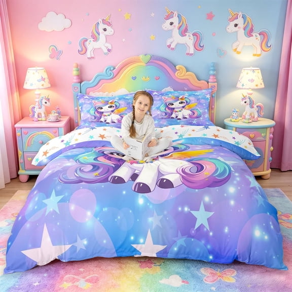 meiyoeat Kawaii Rainbow Unicorn Bedding For Girls,Colorful Cute Stars Print Duvet Cover Full For Kids,Colorful Stars Reversible,3-Piece(No Comforter)