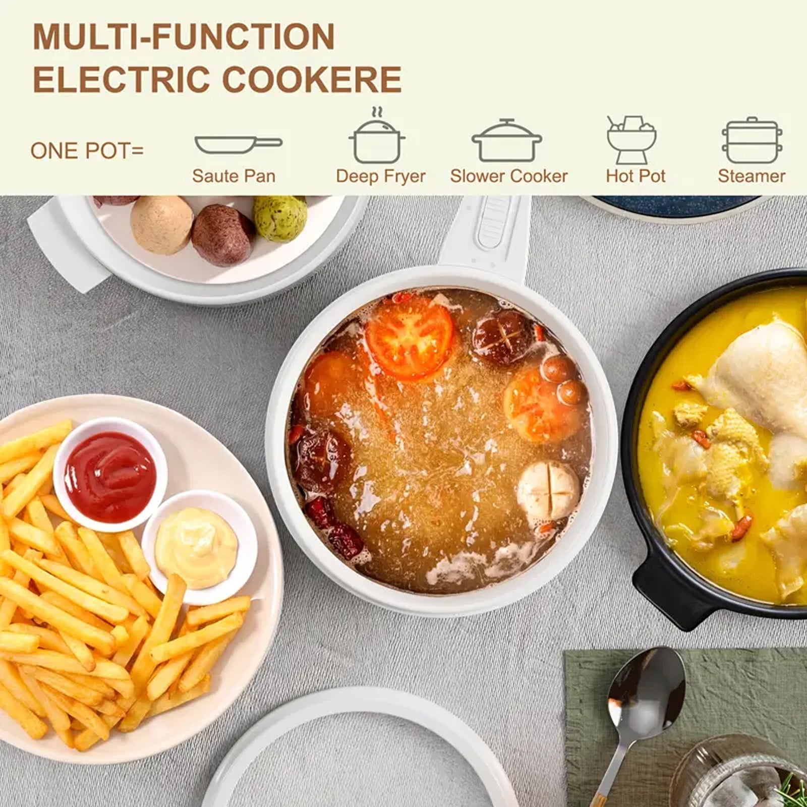 Soapow Electric Hot Pot with Steamer, 2L Electric Cooker Steamer, Multifunctional Non-stick Frying Pan, Ramen Cooker, Suitable for Pasta, Steak, Egg, Rice, Oatmeal, Soup, Dual Power Control (White)