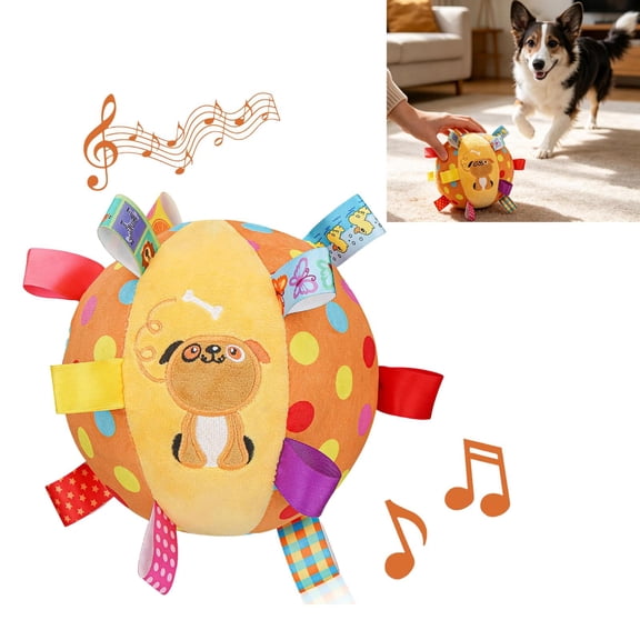 Soft 6-Inch Squeaky Plush Ball Toy with Straps & Built-in Bell, Durable Herding & Fetch Toy for Small to Large Dogs, Hanging Play Ball with Rope