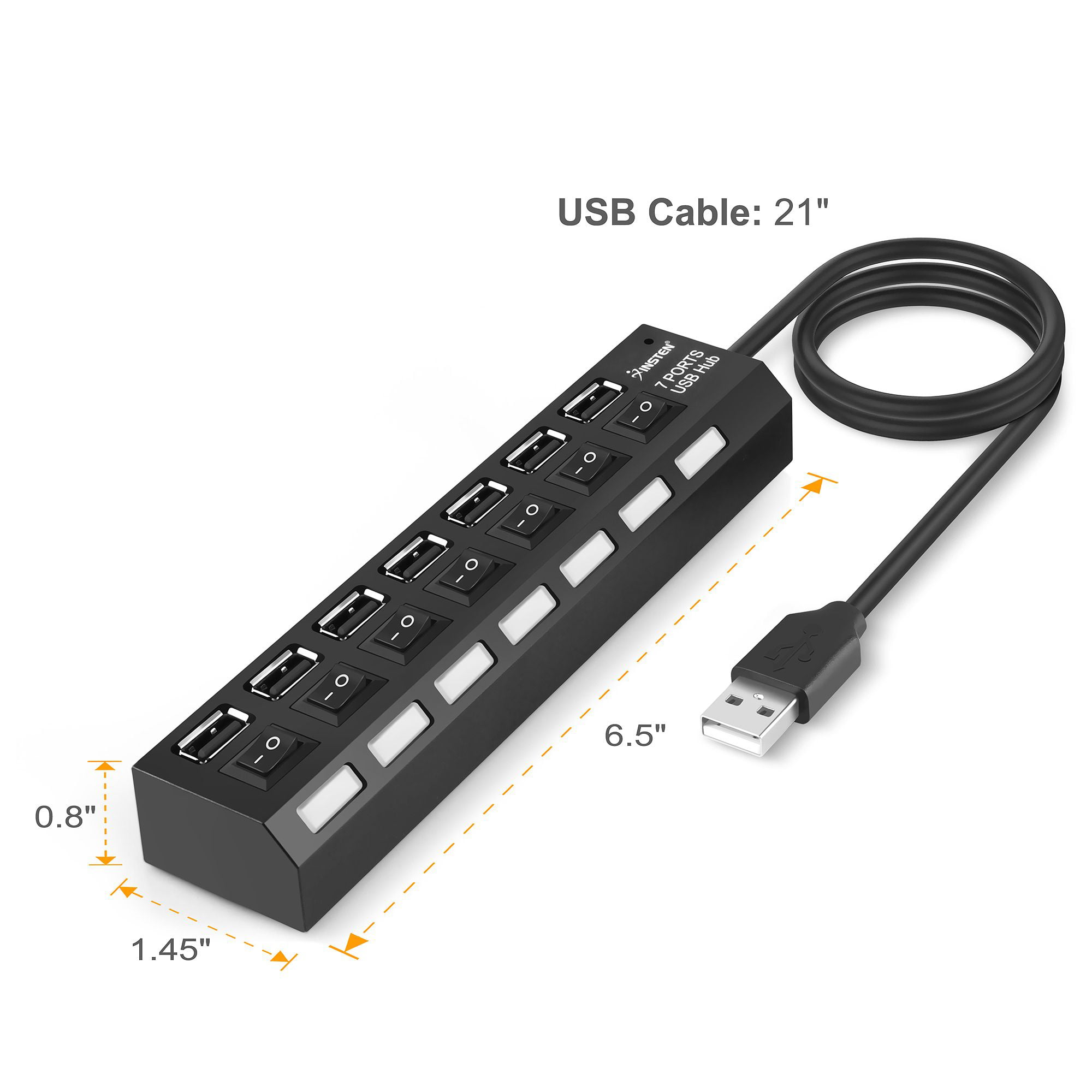 7-Port USB Hub USB 2.0 Hub Data Transfer with Individual Switches Indicator Lights for PC Laptop Black 