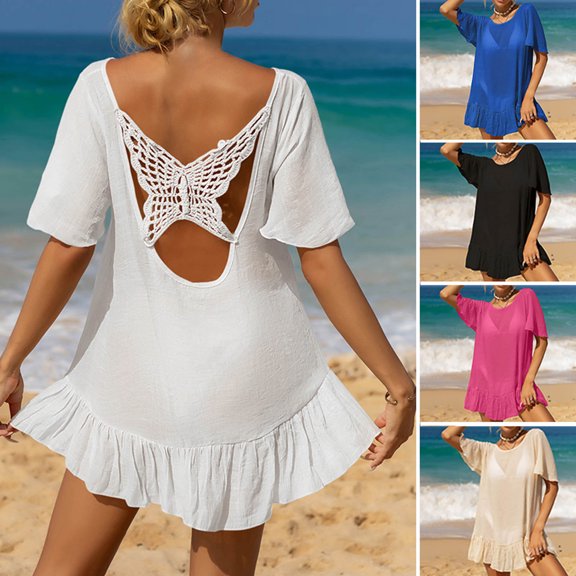 Tqyyweavej Womens Cover Ups Dress for Swimwear Women Hollow Out Solid Color Dresses Short Sleeve Loose Swimsuit Coverup for Women