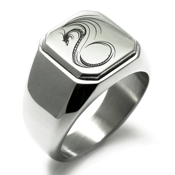 Stainless Steel Serpentine Dragon Engraved Square Flat Top Biker Style Polished Ring