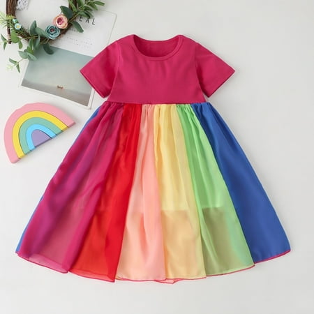 

Clearance!Summer Dresses for Girls Rainbow Patchwork Color Princess Dress For 1-6 Years Short Sleeve Toddler Girl Casual Clothing