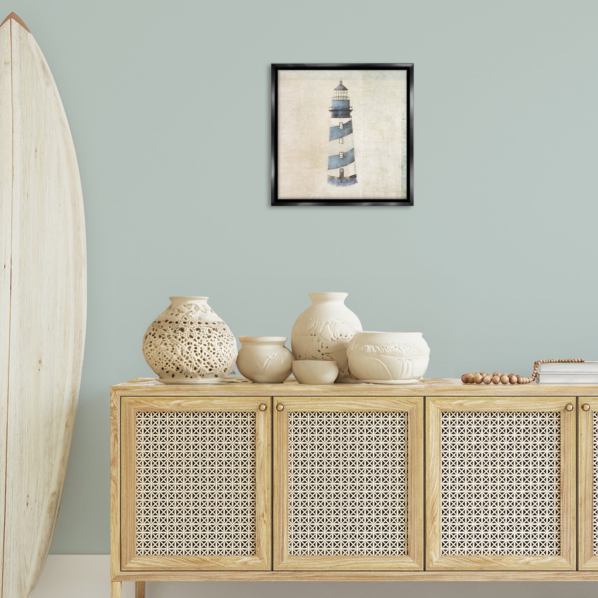 Stupell Industries Rustic Maritime Lighthouse Nautical & Beach Painting Black Floater Framed Canvas Art Print Wall Art, 18 x 18