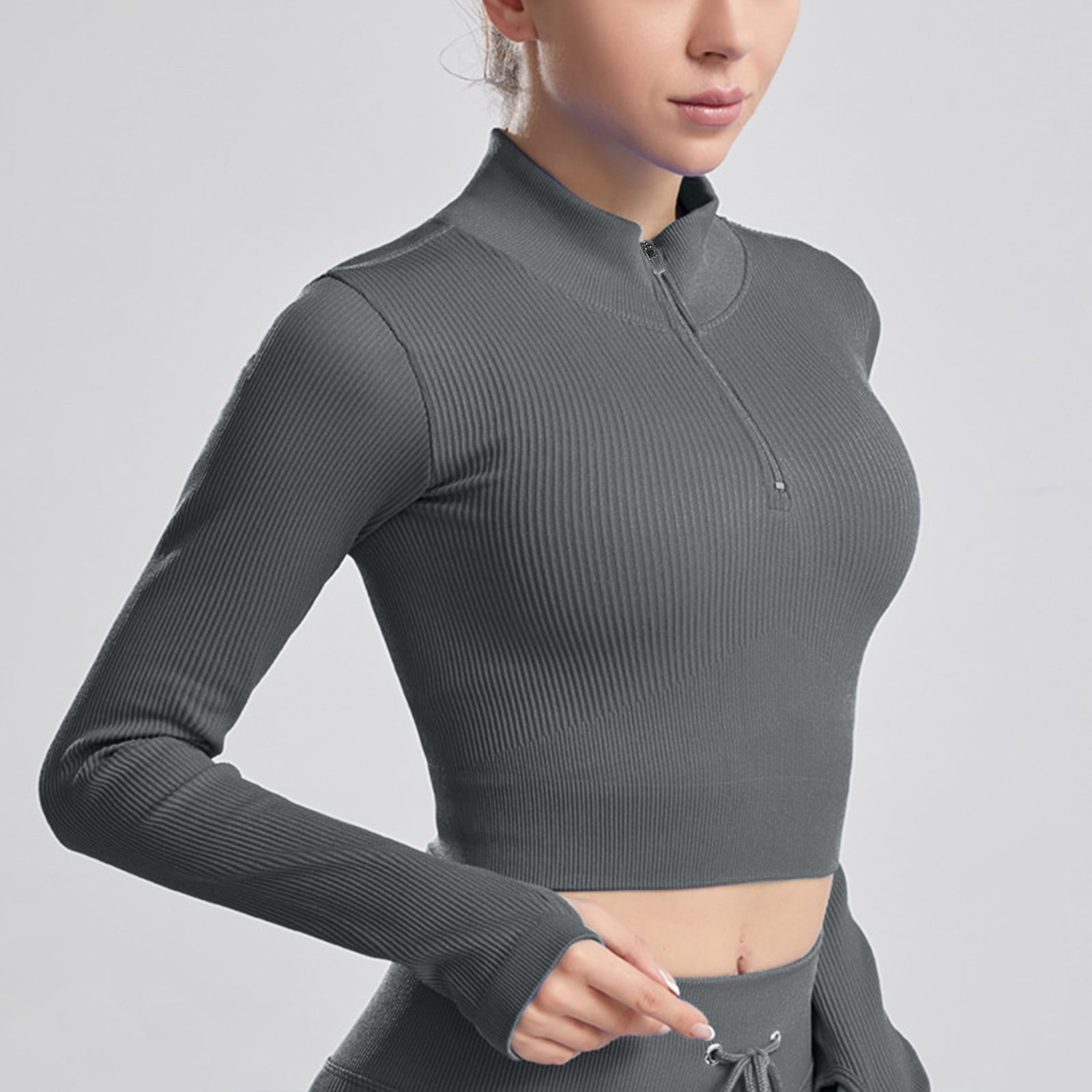 NEGJ Women's Sexy Tops V Neck Long Sleeve Half Zipper Crop Shirts Blouse