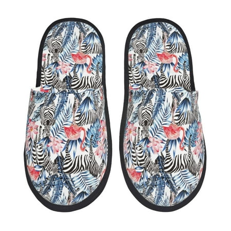 Balery Flamingo And Zebra Slient Indoor Furry Fleece Comfort House Shoes Soft Non-Slip Home Shoes Cotton slippers House Slippers-- Large