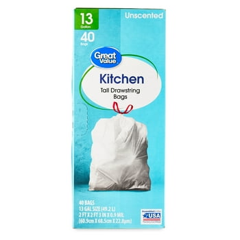 Great Value 13-Gallon Drawstring Tall Kitchen T Bags, Unscented, 40 Bags