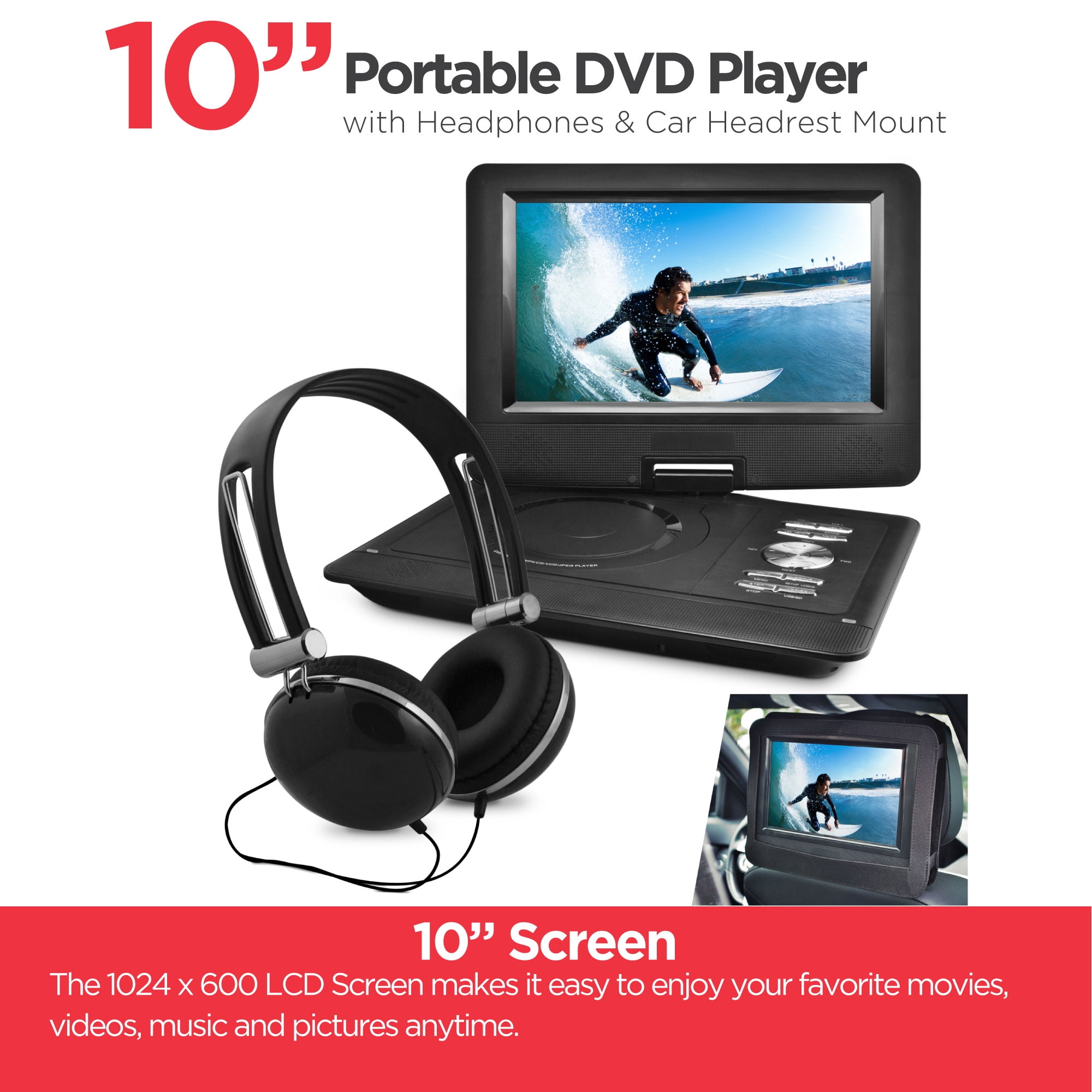 Ematic 10 Portable Dvd Player With Headphones And Car Headrest