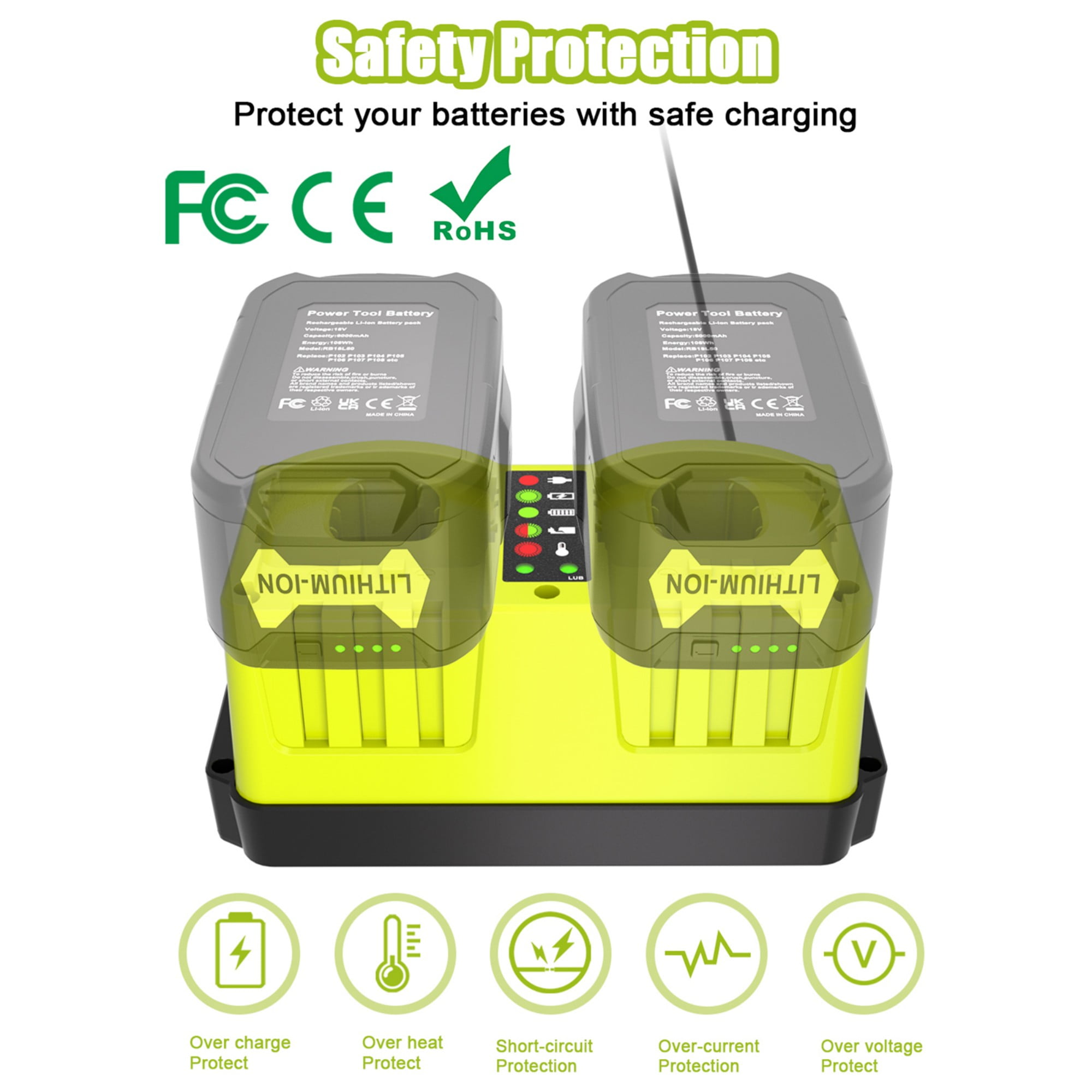 18V Dual-Port Simultaneous Charger for Ryobi ONE+ 18 Volt Battery P102 P103