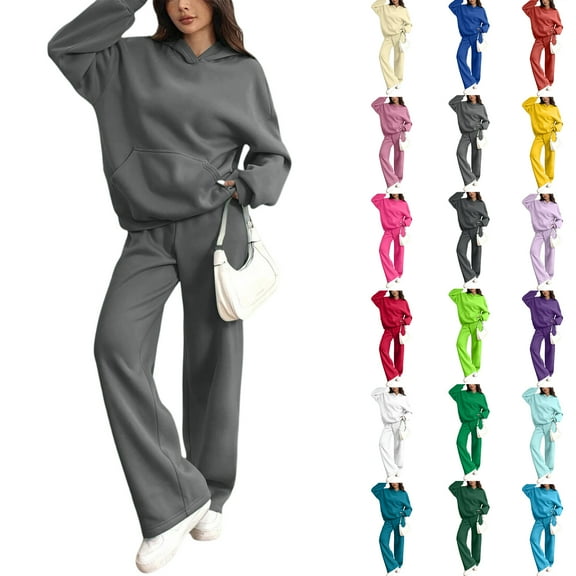 HKYNLAG Women's 2 Piece Outfits Fall Sweatsuits Oversized Hoodies Wide Leg Sweatpants Tracksuits Lounge Matching Sets Blue XL