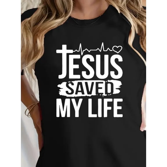 Women's Christian Graphic T-Shirt Jesus Saved My Life Faith Cross Heartbeat Print Inspirational Religious Crew Neck Short Sleeve Casual Summer Tee Gift for Christian Women