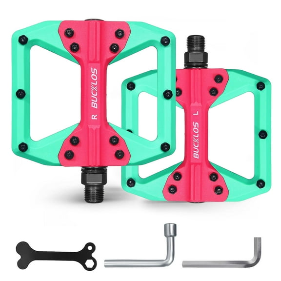 BUCKLOS Mountain Bike Pedals,MTB Flat Nylon Bicycle Pedal with Large Platform -Non-Slip Colorful Pedals for BMX/Commuter Bike 9/16"(Banchi Green Red)