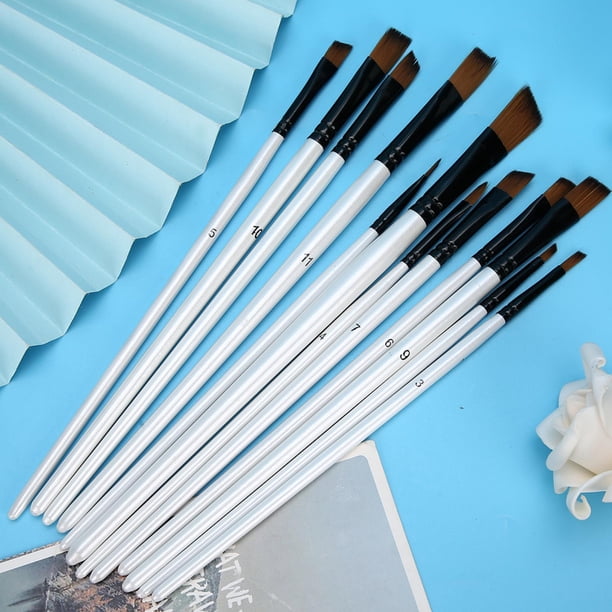 Juego de pinceles de pintura con cerdas de nailon, 12 Uds., mango de madera, color blanco perla, variedad de estilos, suministros de dibujo acrílico al óleo, cabeza oblicua