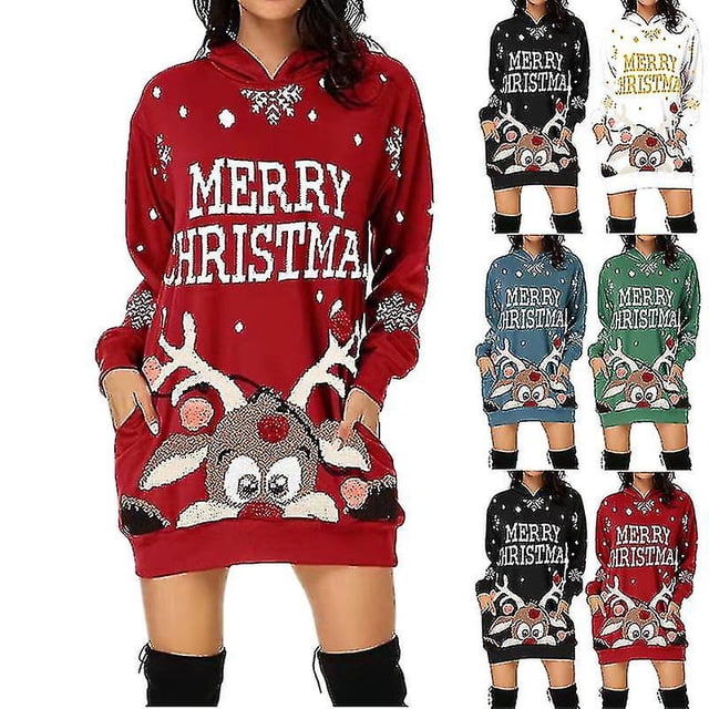 Navidad Mujer Moda Navidad Sudadera Con Capucha Bolsa Cadera Bolsillo Estampado Sudadera Con Capucha Vestido De Moda Ropa De Festival Túnica Mujer-A