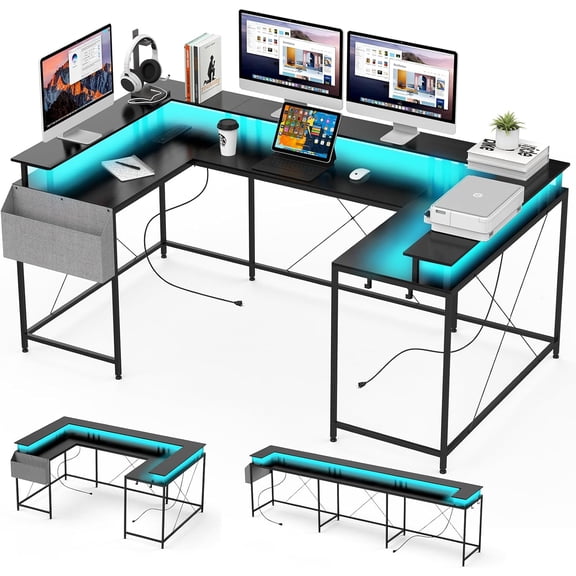 U Shaped Home Office Desk, Reversible L Shaped Gaming Computer Desk with Power Outlets,126 Inch Computer Desk with Monitor Stand and LED Lights,Storage Shelves,Storage Bag and Hooks（Black）