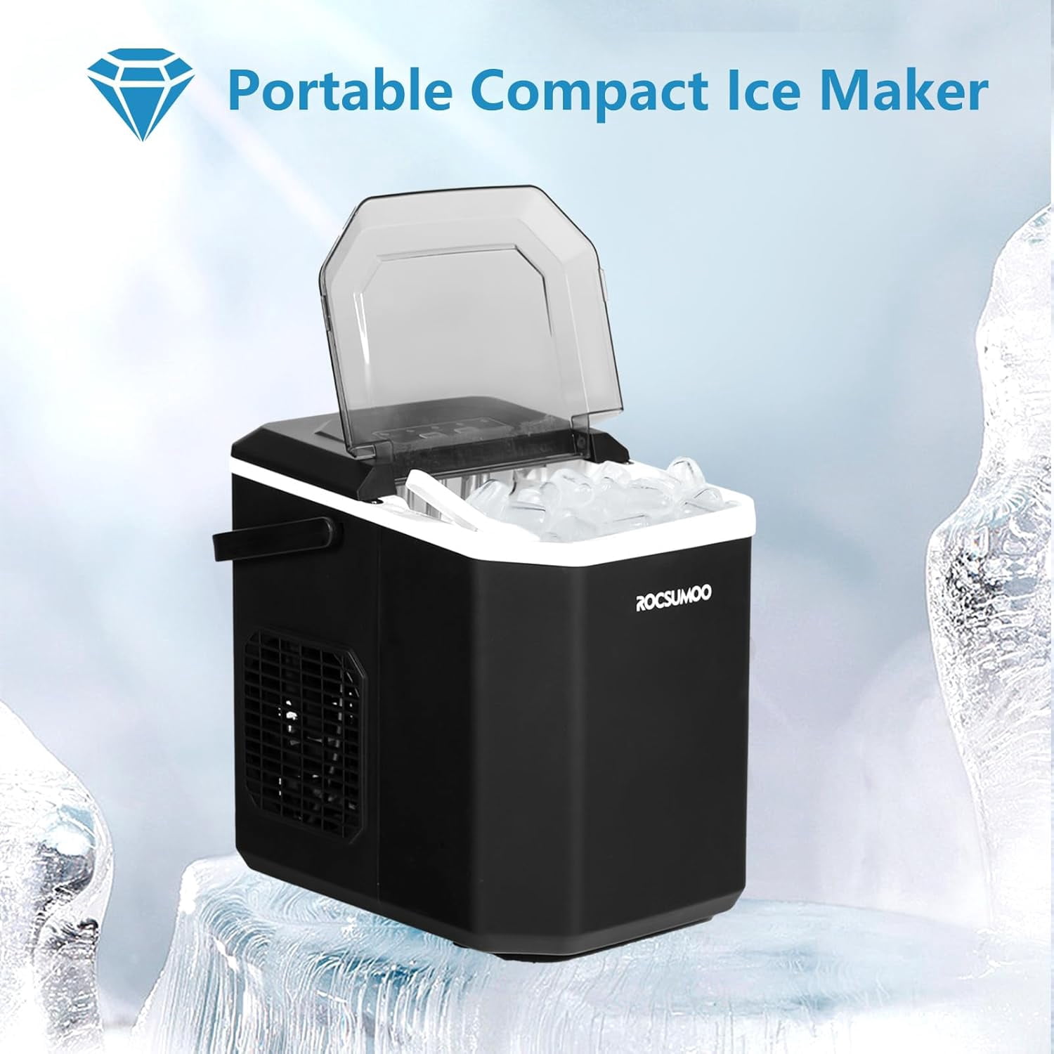 Ice Maker Countertop, Portable Ice Machine with Carry Handle, Self-Cleaning Ice Makers with Basket and Scoop, 6 Mins 9 Bullet Ice, 26 lbs / 24Hrs, Ideal for Home, Kitchen, Camping