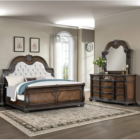 Formal Traditional 3pc Queen Tufted Bed Dresser Mirror Set Coffee Brown