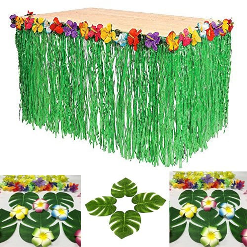 Green Hawaiian Luau Table Skirt 9ft Hawaiian Table Skirt,12 Pcs Palm Leaves 24Pcs Hawaiian Flowers for Hawaiian Luau Party Table Decorations