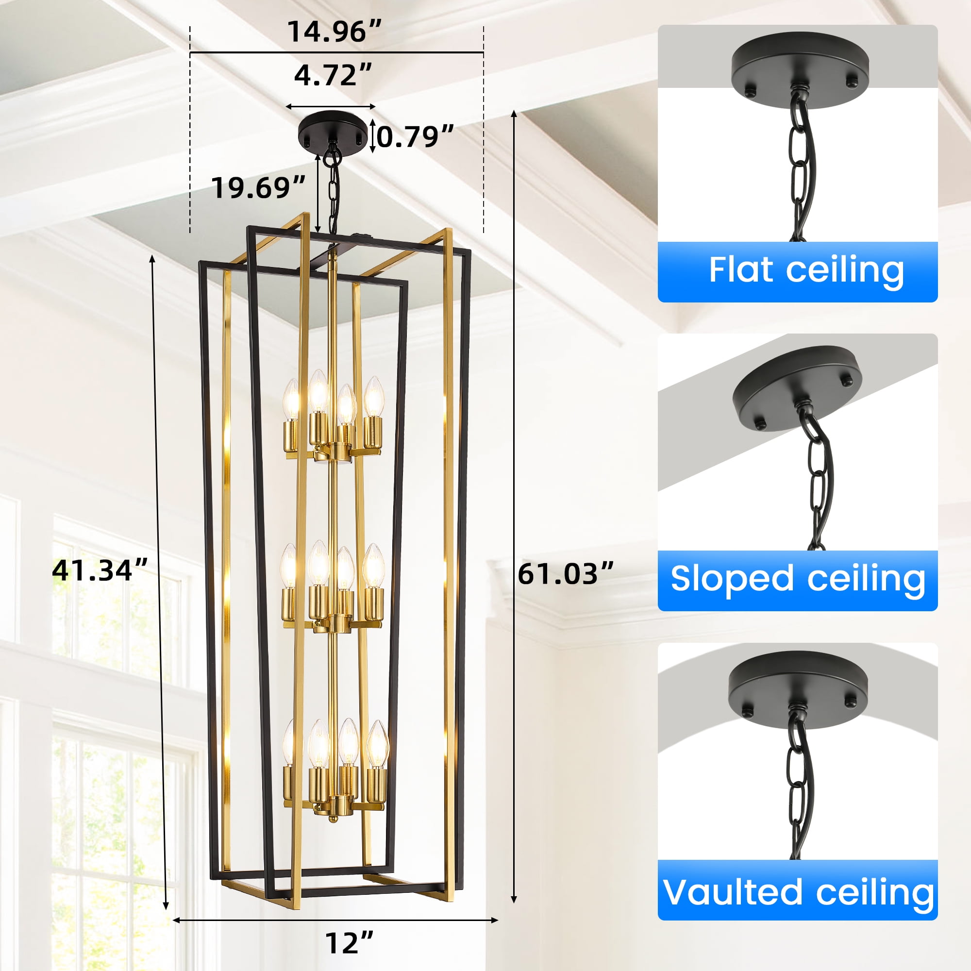LovingAHome 12-Light  Farmhouse Lantern Pendant Light Long Chandeliers for High Ceilings Foyer Pendant, Black & Gold