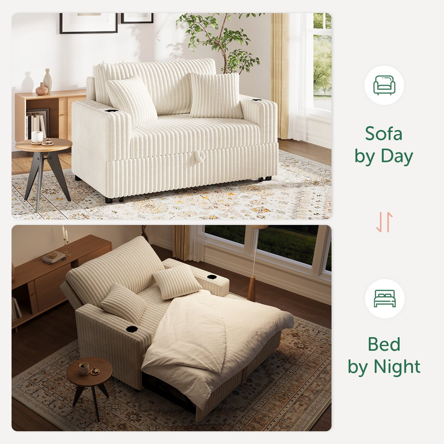 Marrber 52" Convertible Sleeper Loveseat with Reclining Backrest & Cup Holders, Pet-Friendly Corduroy for Small Space, Beige