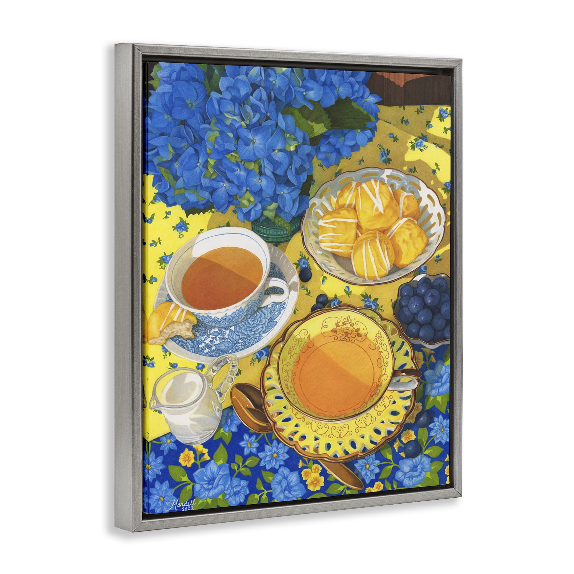 Stupell Industries Blue & Yellow Tea Party Food & Beverage Painting Gray Floater Framed Art Print Wall Art, 17 x 21