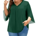 thumbnail image 4 of bbyeadc Plus Size Tops for Women Casual V Neck 3/4 Sleeve Tshirts Fashion Ruched Split Cuff Oversized Summer Clothes L-5XL Light Flowy Blouse, Dark Green 3XL, 4 of 5