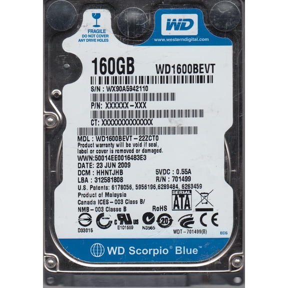 WD1600BEVT-22ZCT0, DCM HHNTJHB, Western Digital 160GB SATA 2.5 Hard Drive