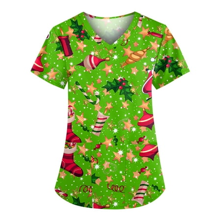 

jsaierl Christmas Scrub Tops for Women Short Sleeve Christmas Pattern Nurse Uniform V Neck T Shirt Plus Size Tees Blouse Top Women Fall Fashion 2022