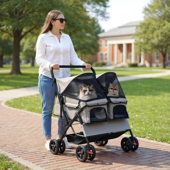 Yardi Yarda Foldable Double Pet Stroller with Adjustable Sunshade and Storage Basket, Dog Strollers, Pet Gear Stroller-Gray