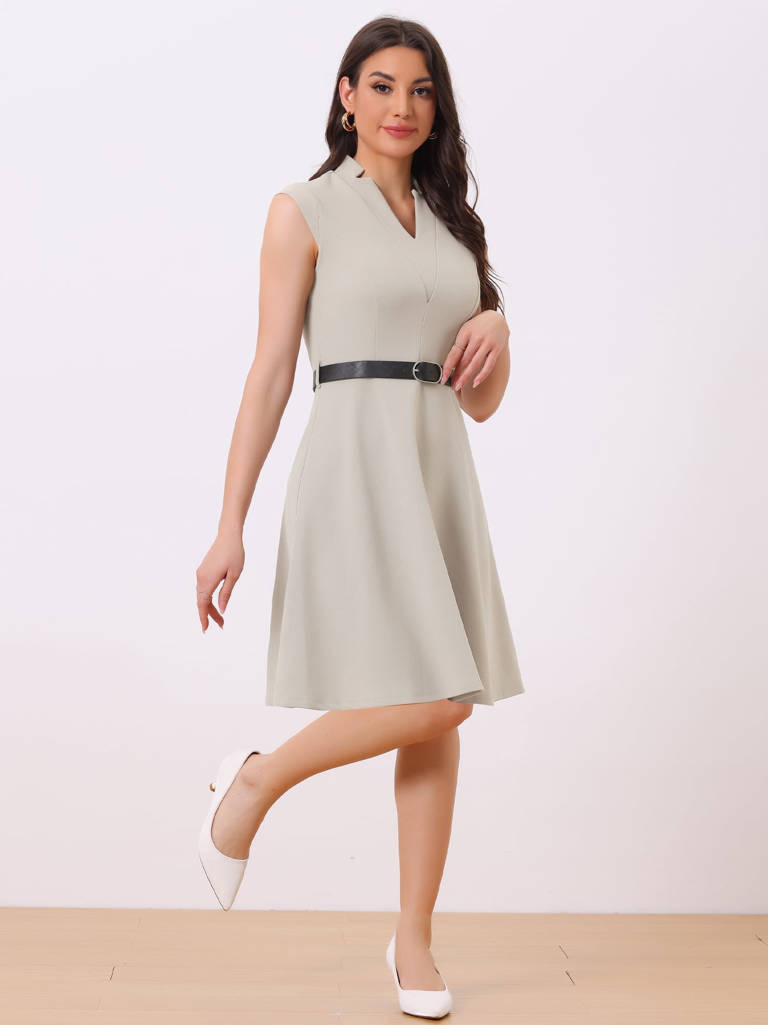 DARING DIVA Elegant Dress Split Neck Wear to Work Sleeveless Dresses M Grey