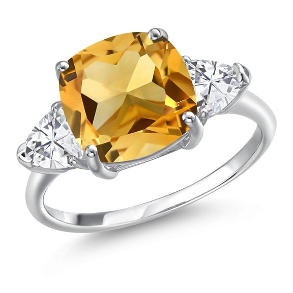 Gem Stone King 10K White Gold Yellow Citrine and White Zirconia Engagement Ring for Women | 5.14 Cttw | Cushion 10MM | Gemstone November Birthstone | Size 9