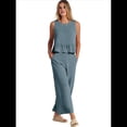 thumbnail image 2 of Conjunto de Chaleco Informal Sin Mangas con Cuello Redondo Plisado para Mujer, Pantalones Cortos de Pierna , Gris y Azul S, 2 of 6