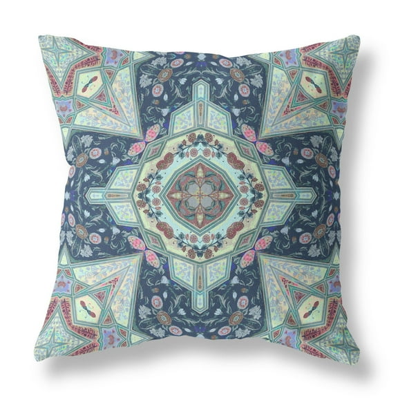 Buddha Flower Ceremony Broadcloth Indoor Outdoor Zippered Pillow Indigo Aqua