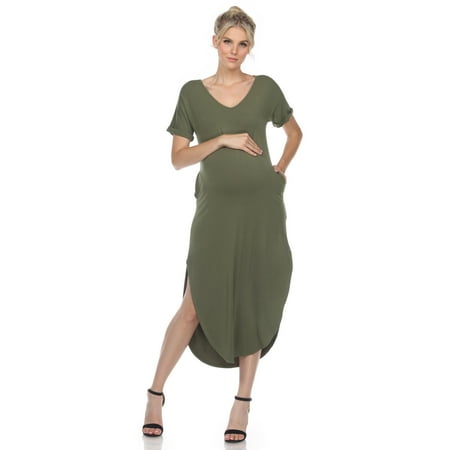 

White Mark Women s Maternity Short Sleeve V-neck T-shirt Maxi Dress with Pockets