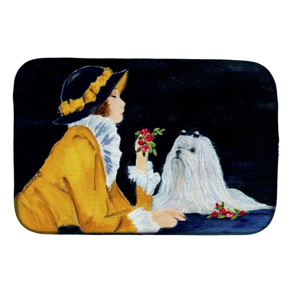 Lady with her Maltese Dish Drying Mat