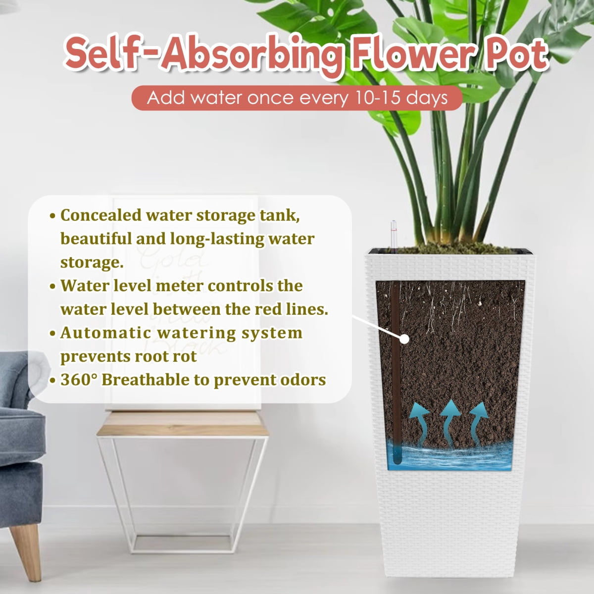 Set of 2 30 Inch Tall Large Flower Pots Self Watering Planters with Drain Holes Water Level Monitor Inner Bucket White