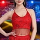 thumbnail image 5 of Top corto con borlas para danza del vientre, para fiesta, disfraz, lentejuelas, ajustable, con purpurina, para mujer Rojo, 5 of 7