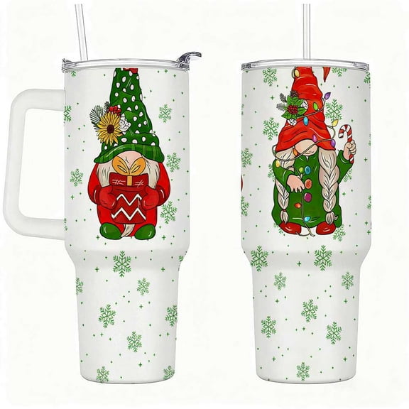 Christmas Gnome Insulated Tumbler with Lid and Straw, Cute Holiday Gnomes Snowflake Stainless Steel Travel Mug with Handle, Festive Christmas Cup