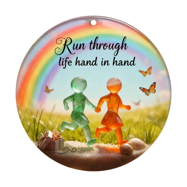 Colección de adornos de vidrio marino de la amistad | Colgante decorativo plano de 8 cm | Diseño de atardecer en la playa | Plástico duradero | Regalo significativo para amigos | Decoración navideña